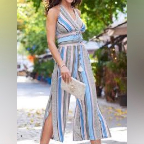 VENUS Pants - VENUS Multicolor Striped Halter Jumpsuit